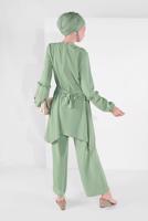Tesettür giyim YEŞİL MANŞETLERİ LASTİKLİ BELİ KUŞAKLI PANTOLONLU TAKIM 1161-1 