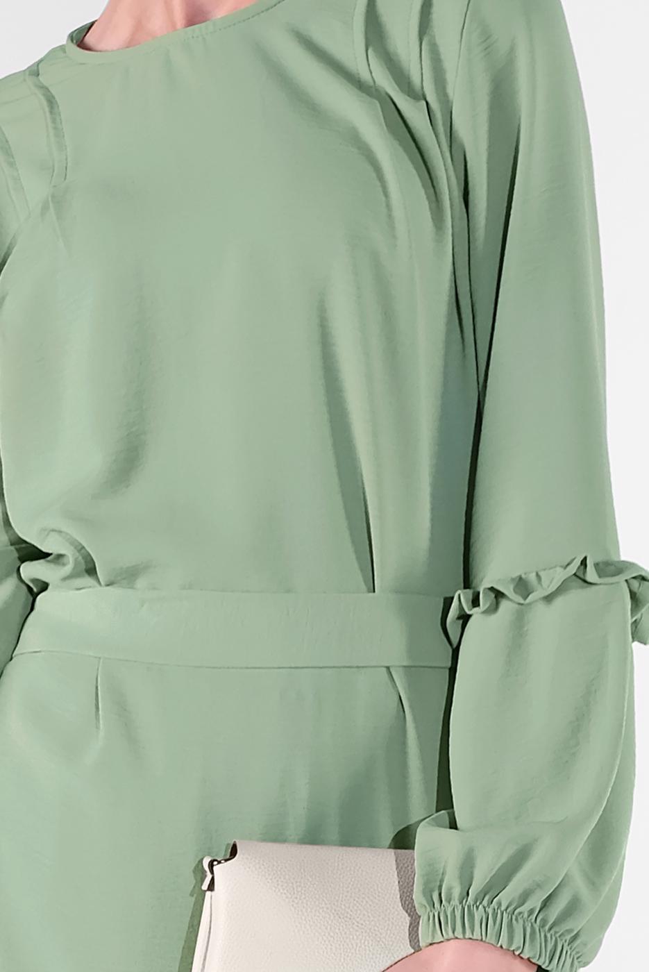 Tesettür giyim YEŞİL MANŞETLERİ LASTİKLİ BELİ KUŞAKLI PANTOLONLU TAKIM 1161-1 