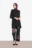 Tesettür giyim SİYAH FİTİLLİ ÇİÇEKLİ PANTOLONLU TAKIM 5716-1