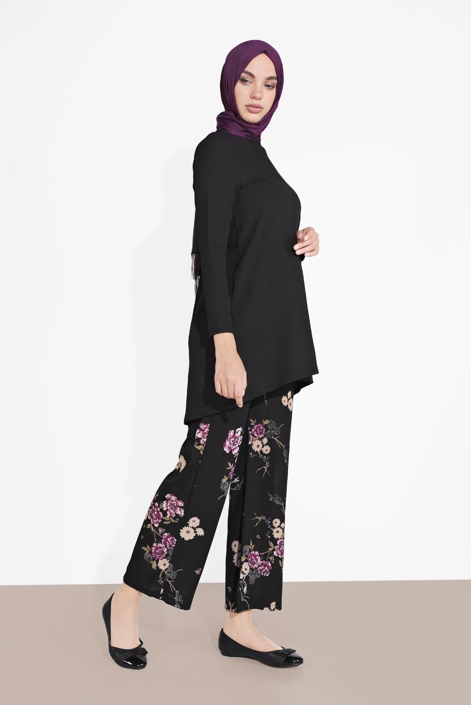 Tesettür giyim SİYAH FİTİLLİ ÇİÇEKLİ PANTOLONLU TAKIM 5716-1