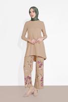 Tesettür giyim BEJ FİTİLLİ ÇİÇEKLİ PANTOLONLU TAKIM 5716-1