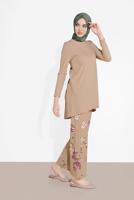 Tesettür giyim BEJ FİTİLLİ ÇİÇEKLİ PANTOLONLU TAKIM 5716-1