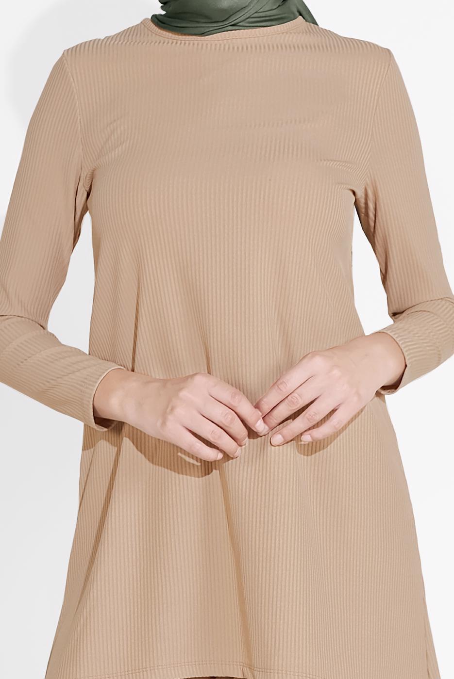 Tesettür giyim BEJ FİTİLLİ ÇİÇEKLİ PANTOLONLU TAKIM 5716-1