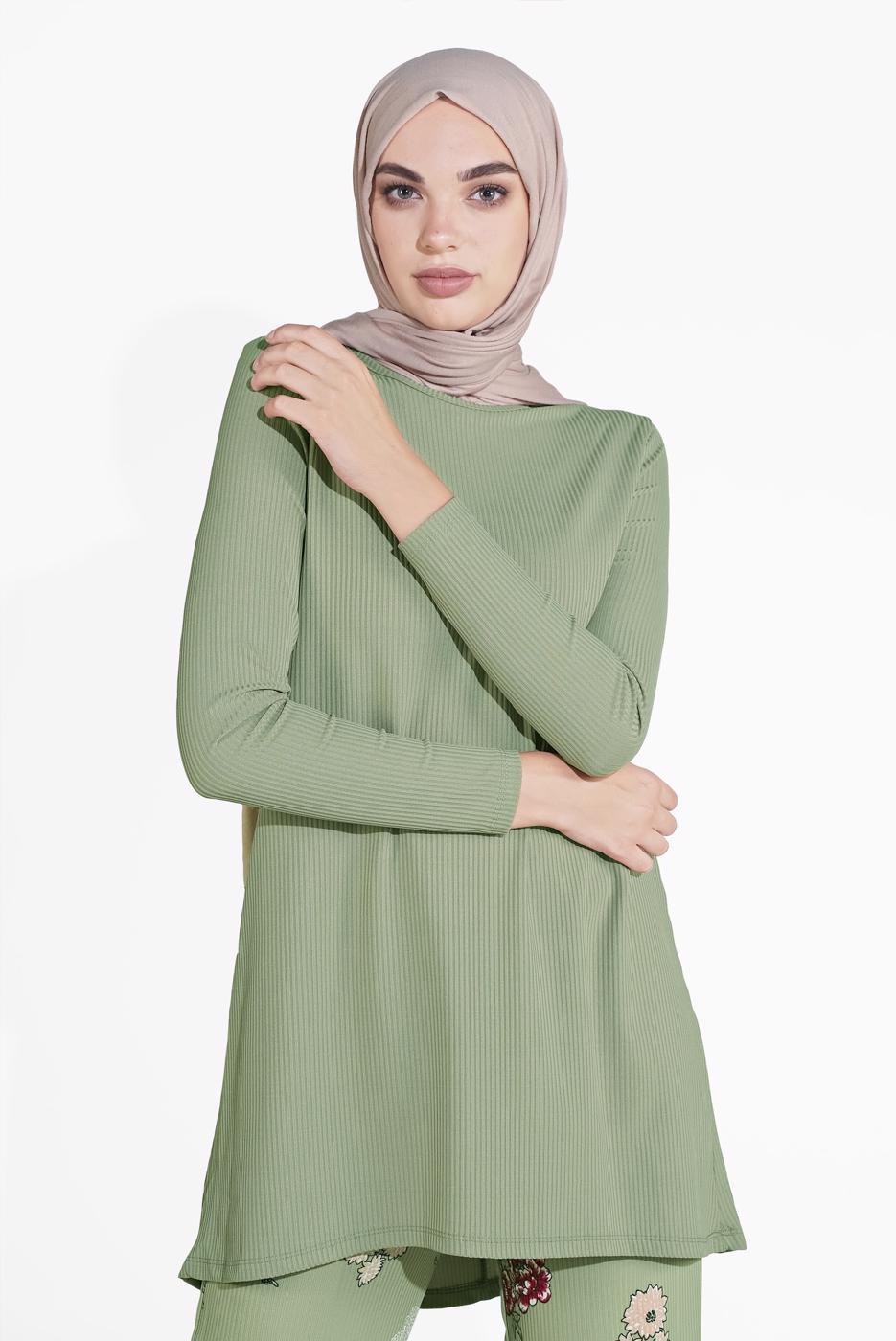 Tesettür giyim HAKİ FİTİLLİ ÇİÇEKLİ PANTOLONLU TAKIM 5716-1