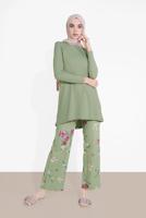 Tesettür giyim HAKİ FİTİLLİ ÇİÇEKLİ PANTOLONLU TAKIM 5716-1