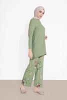 Tesettür giyim HAKİ FİTİLLİ ÇİÇEKLİ PANTOLONLU TAKIM 5716-1