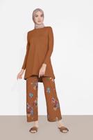 Tesettür giyim TABA FİTİLLİ ÇİÇEKLİ PANTOLONLU TAKIM 5716-1