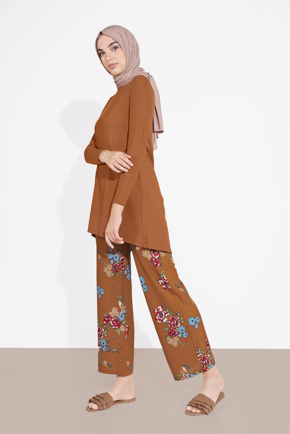 Tesettür giyim TABA FİTİLLİ ÇİÇEKLİ PANTOLONLU TAKIM 5716-1