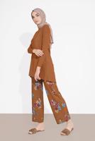Tesettür giyim TABA FİTİLLİ ÇİÇEKLİ PANTOLONLU TAKIM 5716-1