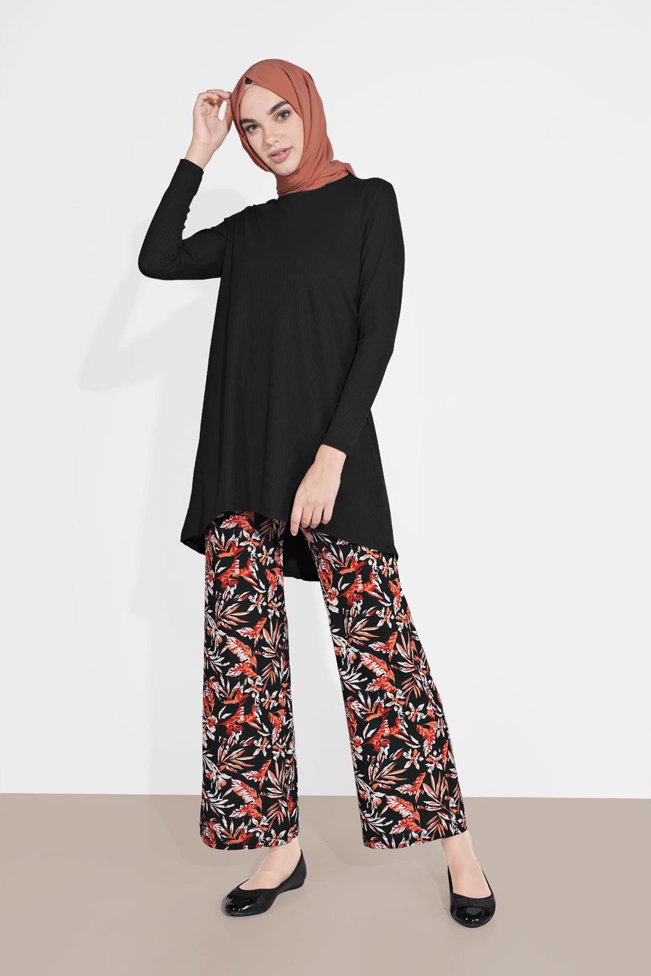 Tesettür giyim SİYAH DESENLİ 2&prime;Lİ PANTOLONLU TAKIM 6175-1 