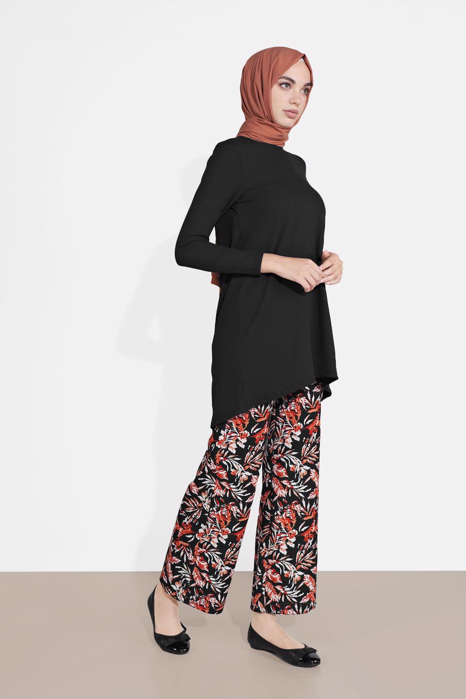 Tesettür giyim SİYAH DESENLİ 2&prime;Lİ PANTOLONLU TAKIM 6175-1 
