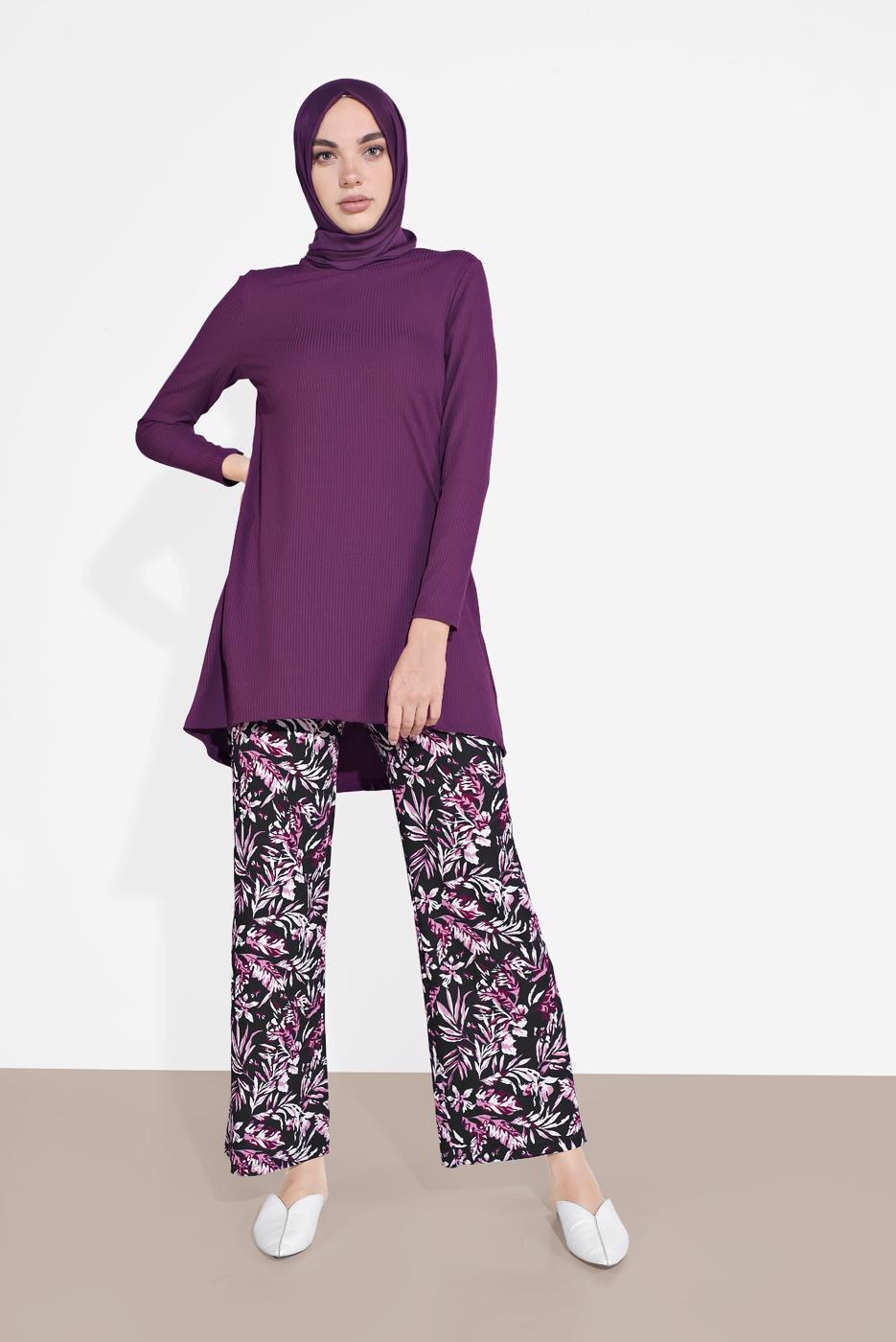 Tesettür giyim MOR DESENLİ 2&prime;Lİ PANTOLONLU TAKIM 6175-1 