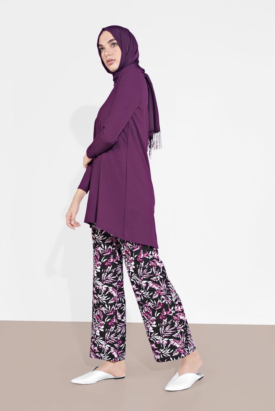 Tesettür giyim MOR DESENLİ 2&prime;Lİ PANTOLONLU TAKIM 6175-1 