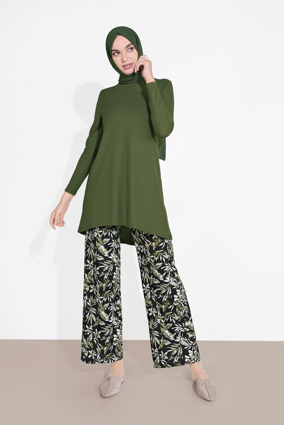 Tesettür giyim HAKİ DESENLİ 2&prime;Lİ PANTOLONLU TAKIM 6175-1 
