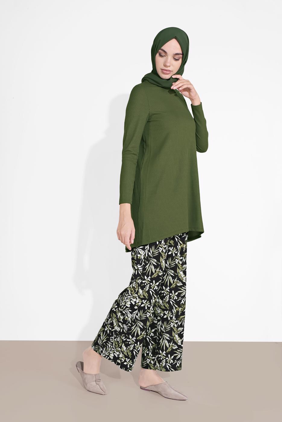 Tesettür giyim HAKİ DESENLİ 2&prime;Lİ PANTOLONLU TAKIM 6175-1 