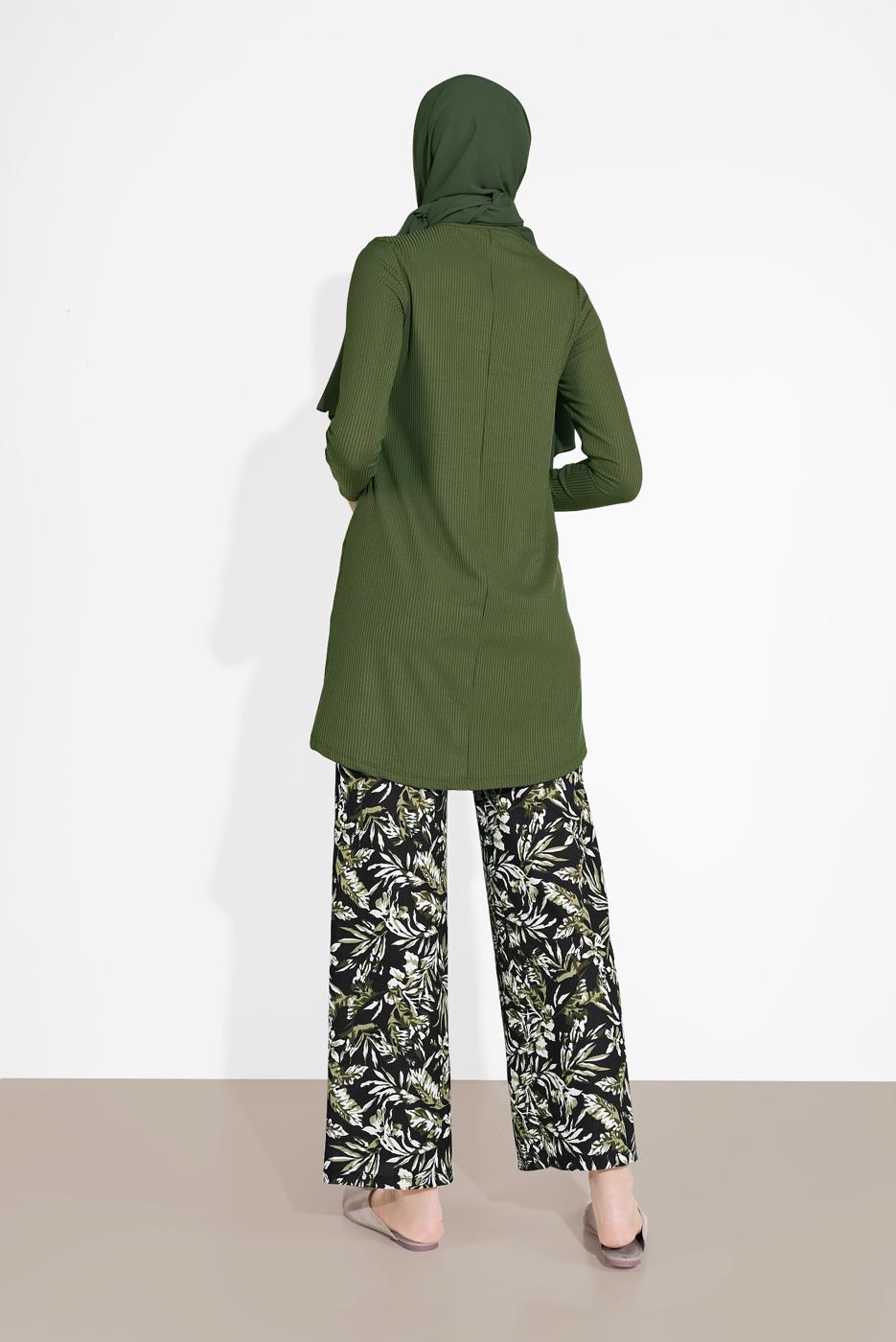 Tesettür giyim HAKİ DESENLİ 2&prime;Lİ PANTOLONLU TAKIM 6175-1 