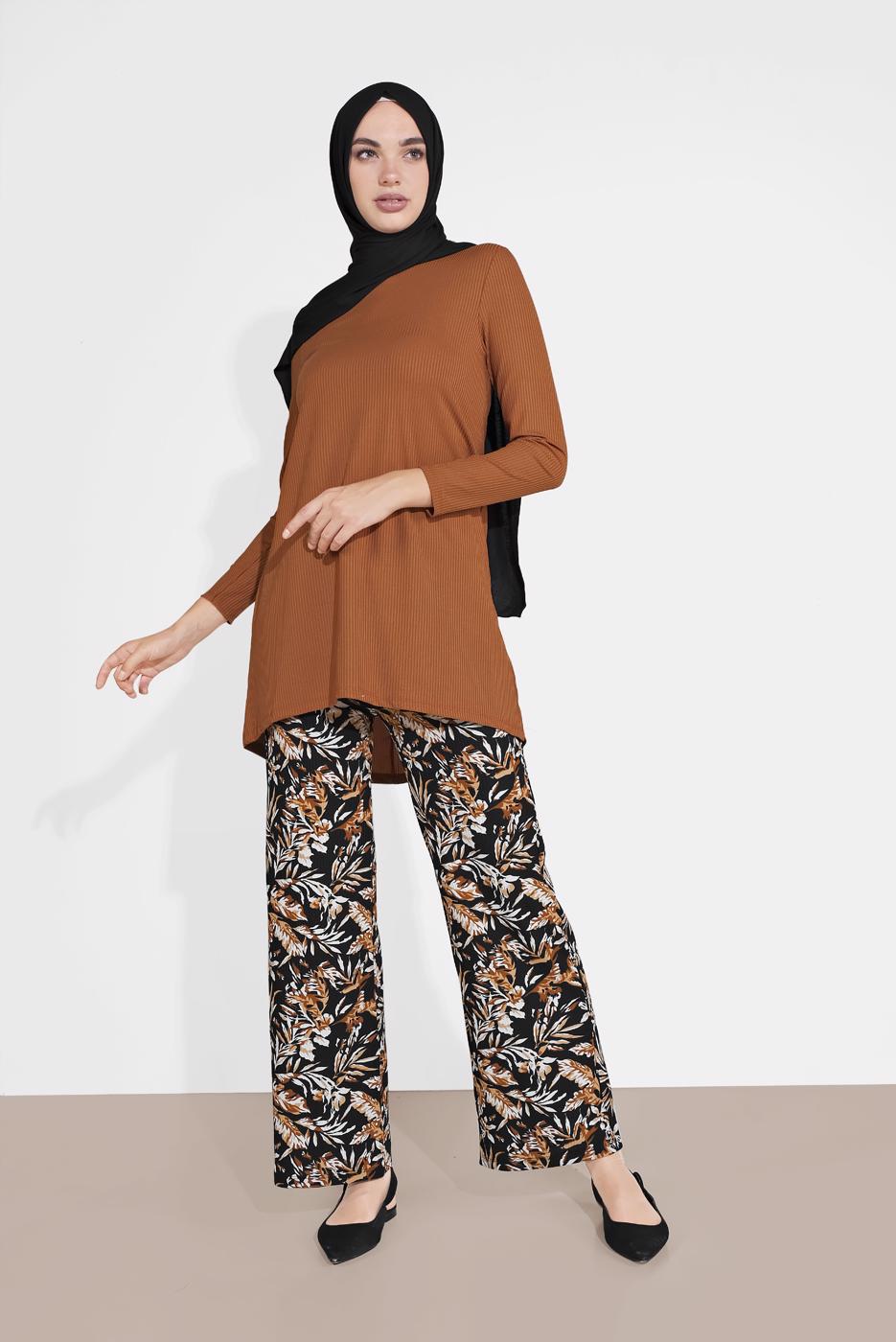 Tesettür giyim TABA DESENLİ 2&prime;Lİ PANTOLONLU TAKIM 6175-1 