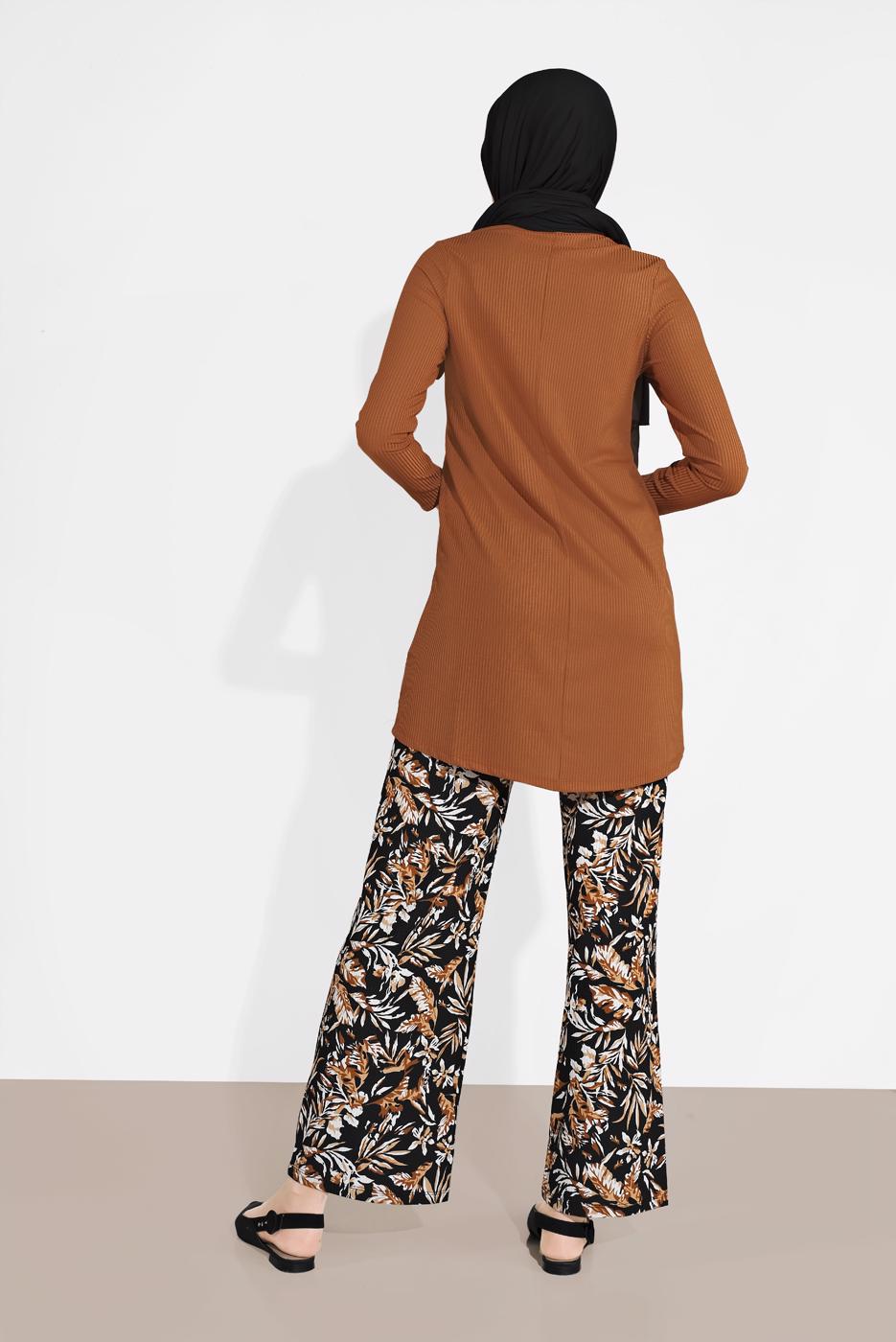 Tesettür giyim TABA DESENLİ 2&prime;Lİ PANTOLONLU TAKIM 6175-1 