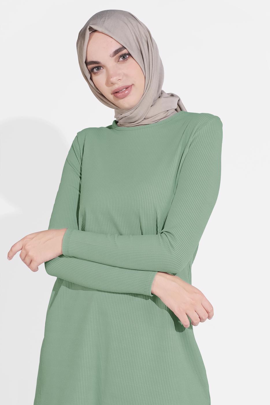 Tesettür giyim YEŞİL DESENLİ 2&prime;Lİ PANTOLONLU TAKIM 6175-1 