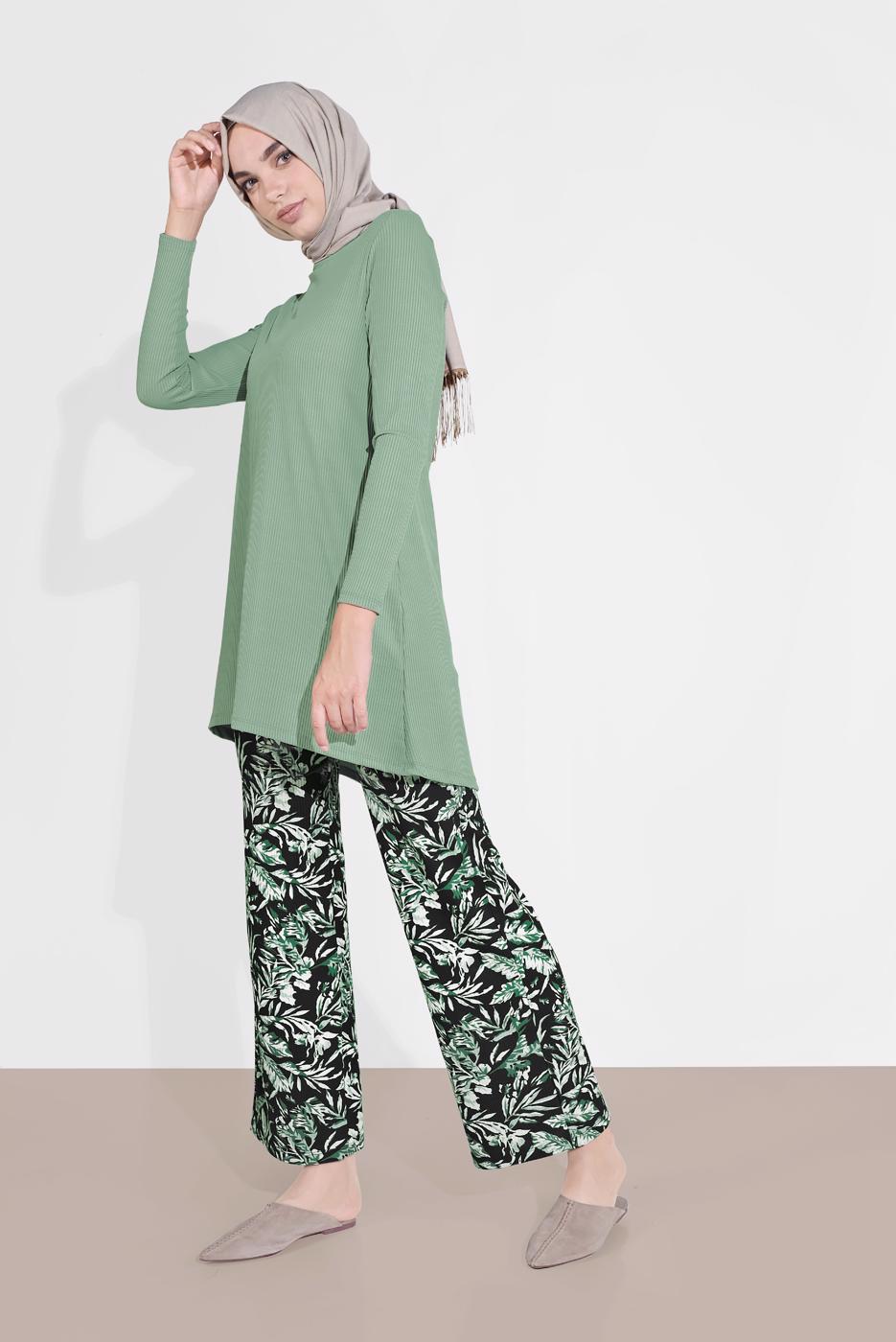 Tesettür giyim YEŞİL DESENLİ 2&prime;Lİ PANTOLONLU TAKIM 6175-1 