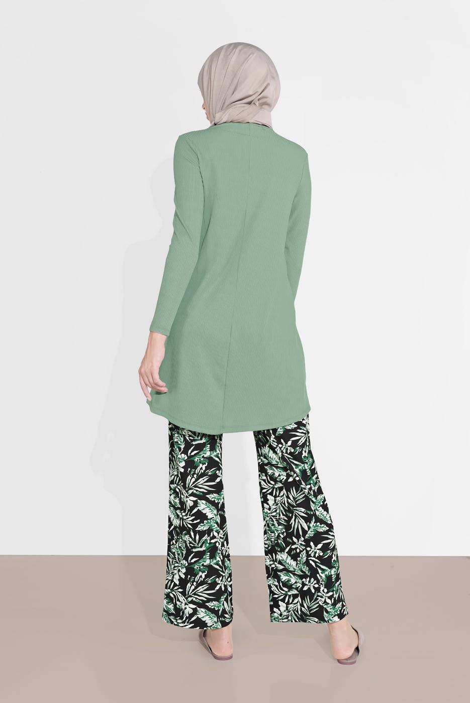 Tesettür giyim YEŞİL DESENLİ 2&prime;Lİ PANTOLONLU TAKIM 6175-1 