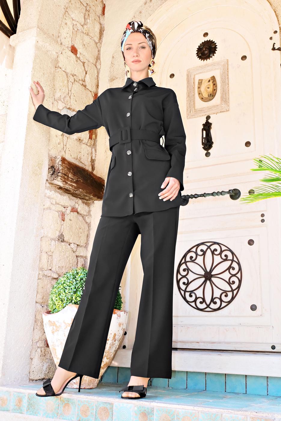 Tesettür giyim SİYAH DÜĞMELİ CEP DETAYLI PANTOLONLU TAKIM 05208