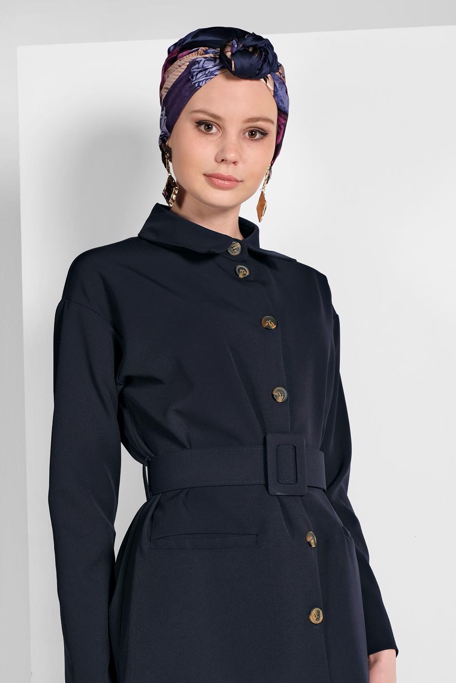 Tesettür giyim LACİVERT DÜĞMELİ CEP DETAYLI PANTOLONLU TAKIM 05208