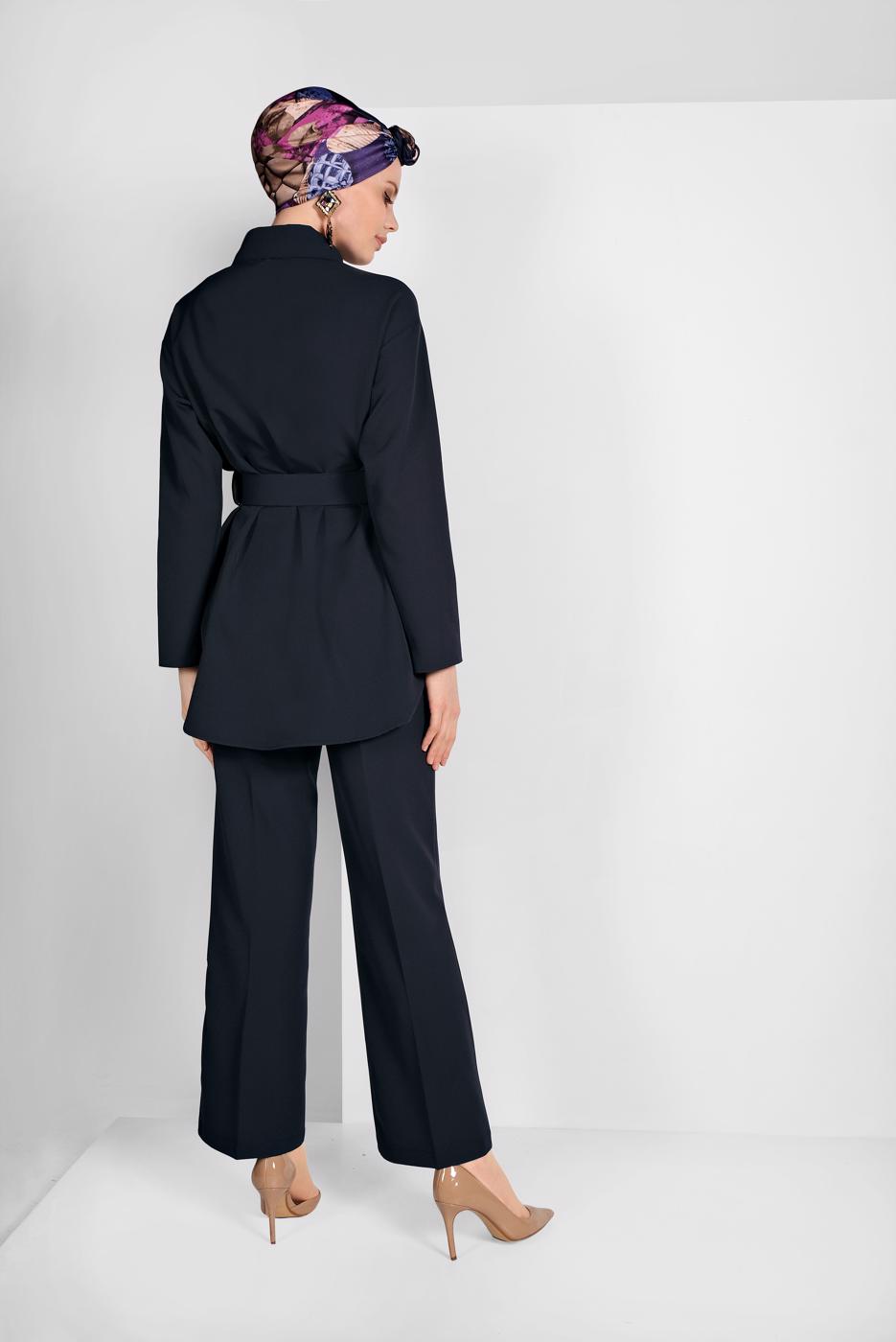 Tesettür giyim LACİVERT DÜĞMELİ CEP DETAYLI PANTOLONLU TAKIM 05208