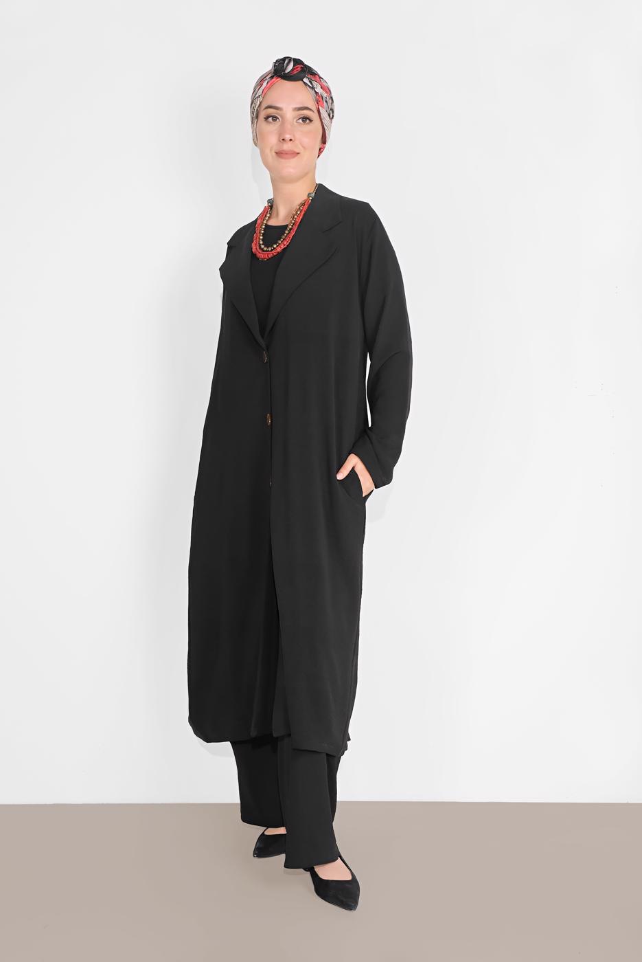 Tesettür giyim SİYAH SALAŞ İKİLİ PANTOLONLU TAKIM 31208