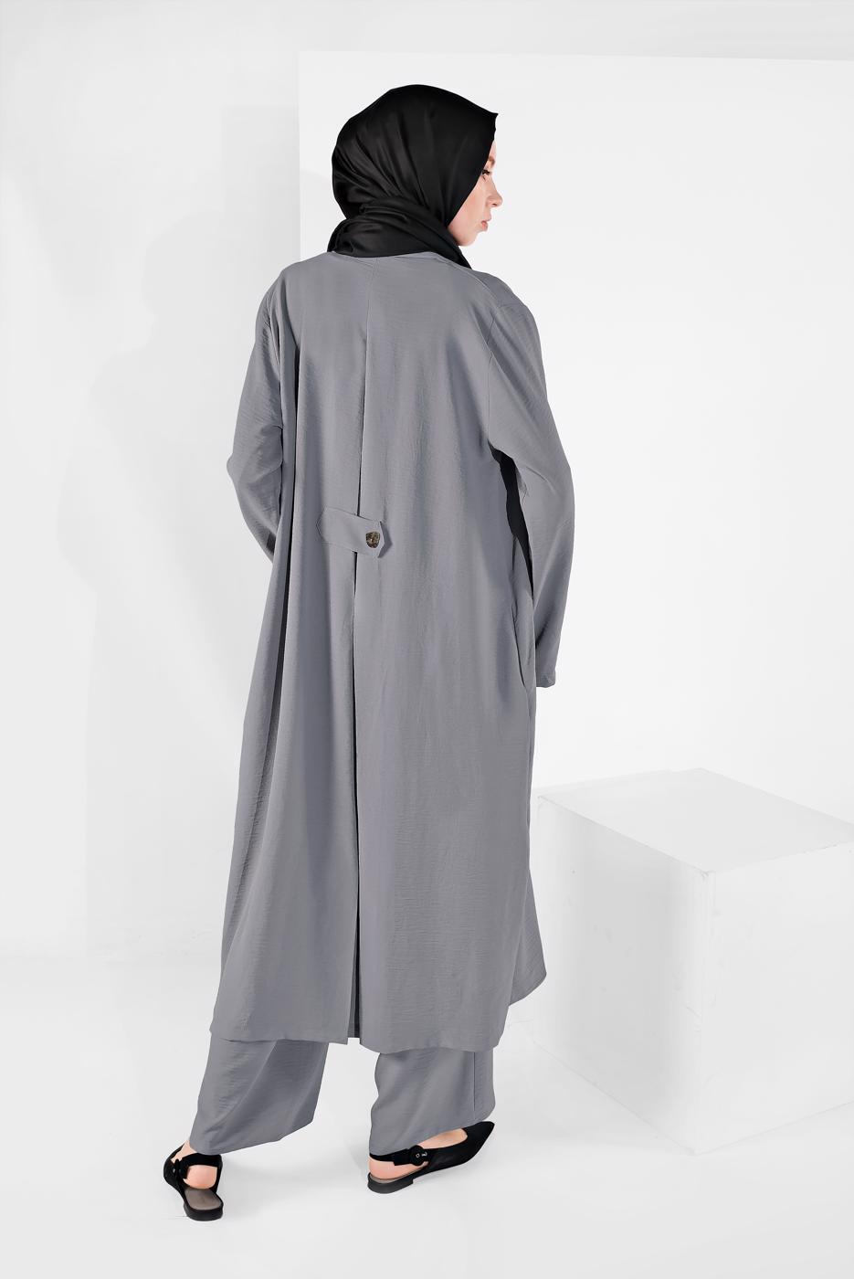 Tesettür giyim GRİ SALAŞ İKİLİ PANTOLONLU TAKIM 31208