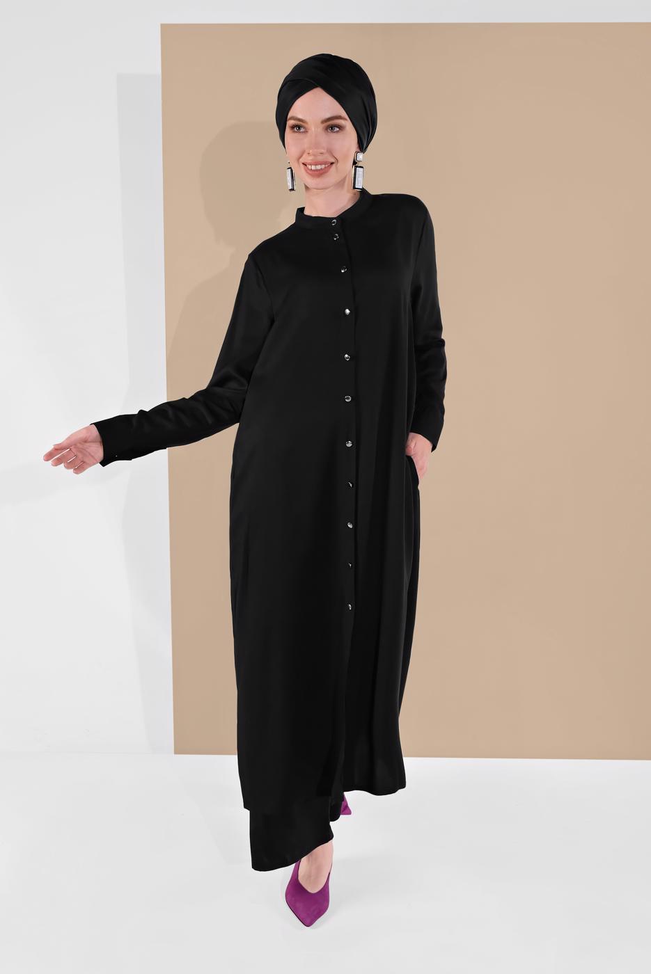 Tesettür giyim SİYAH BOYDAN DÜĞMELİ PANTOLONLU TAKIM  78108 