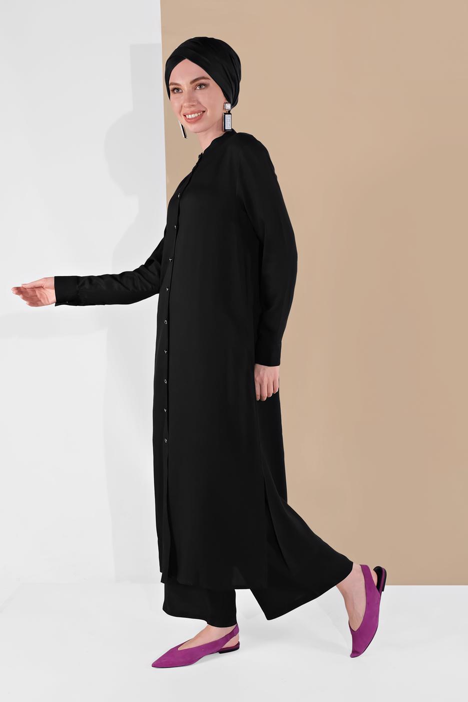 Tesettür giyim SİYAH BOYDAN DÜĞMELİ PANTOLONLU TAKIM  78108 