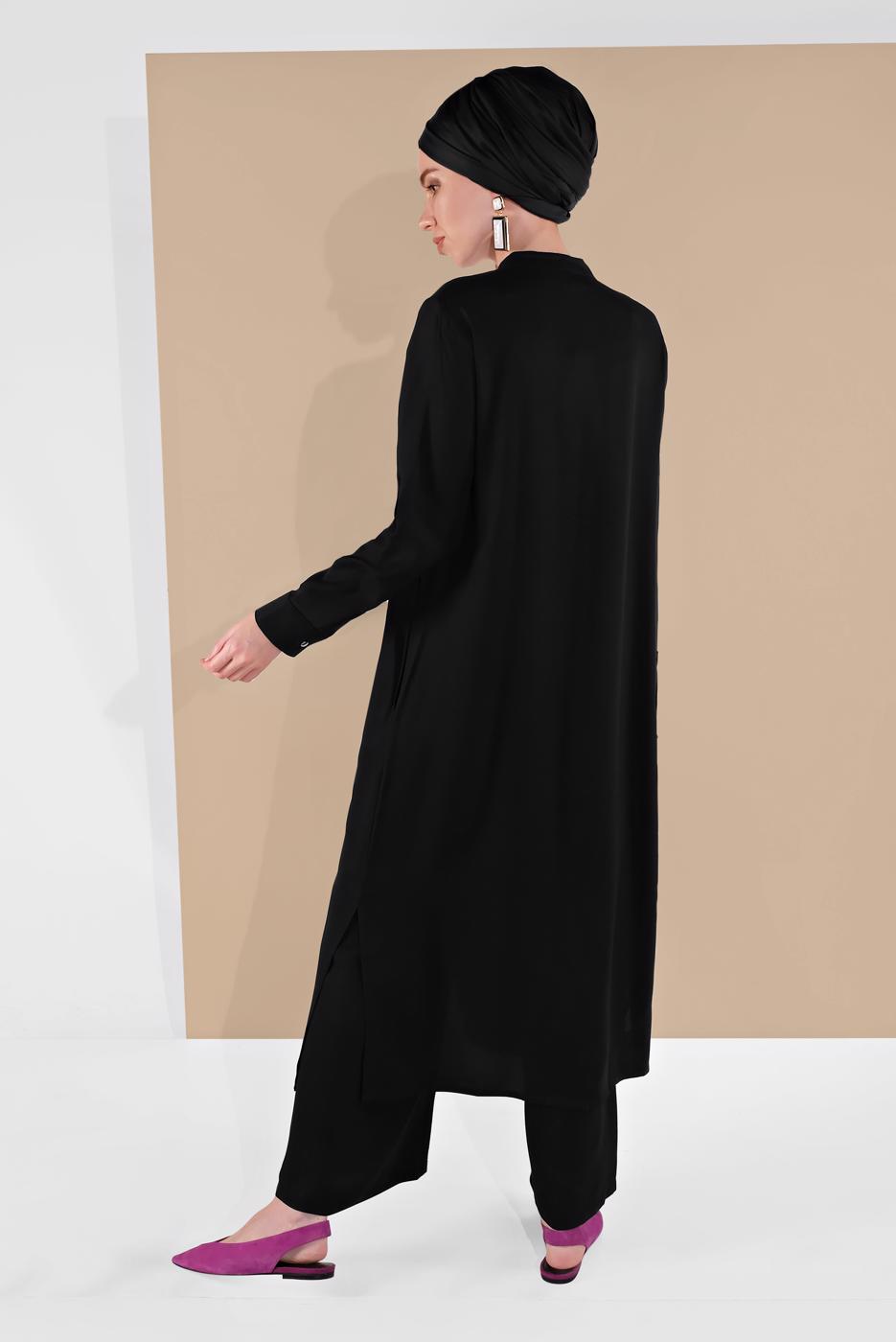 Tesettür giyim SİYAH BOYDAN DÜĞMELİ PANTOLONLU TAKIM  78108 