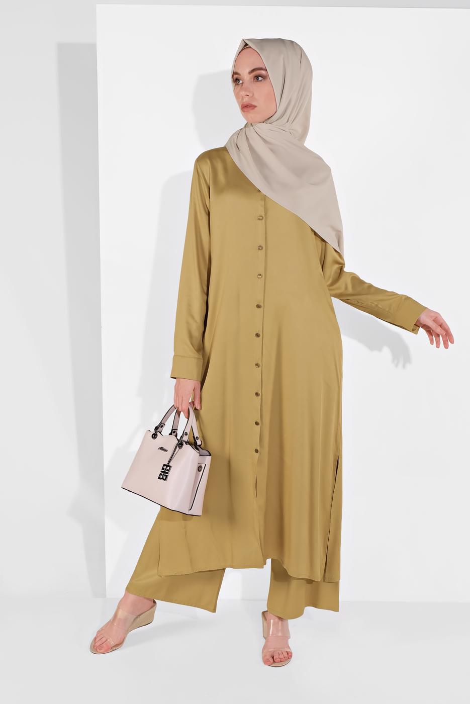 Tesettür giyim TURUNCU BOYDAN DÜĞMELİ PANTOLONLU TAKIM  78108 