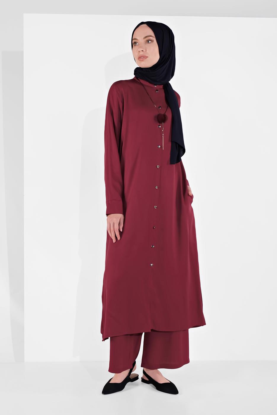 Tesettür giyim BORDO BOYDAN DÜĞMELİ PANTOLONLU TAKIM  78108 