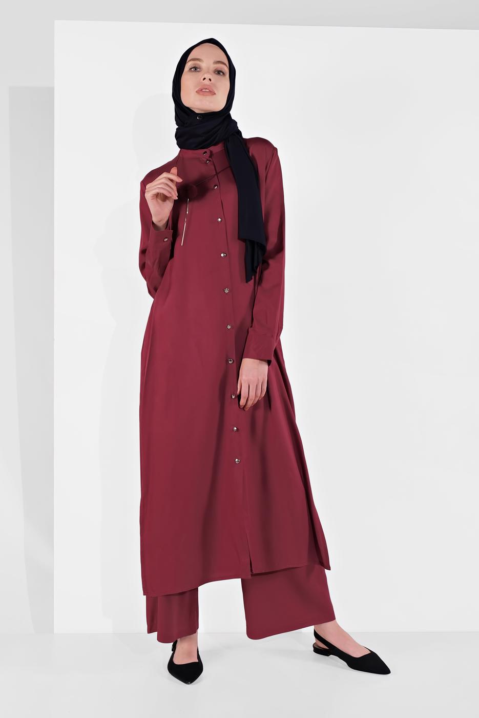 Tesettür giyim BORDO BOYDAN DÜĞMELİ PANTOLONLU TAKIM  78108 
