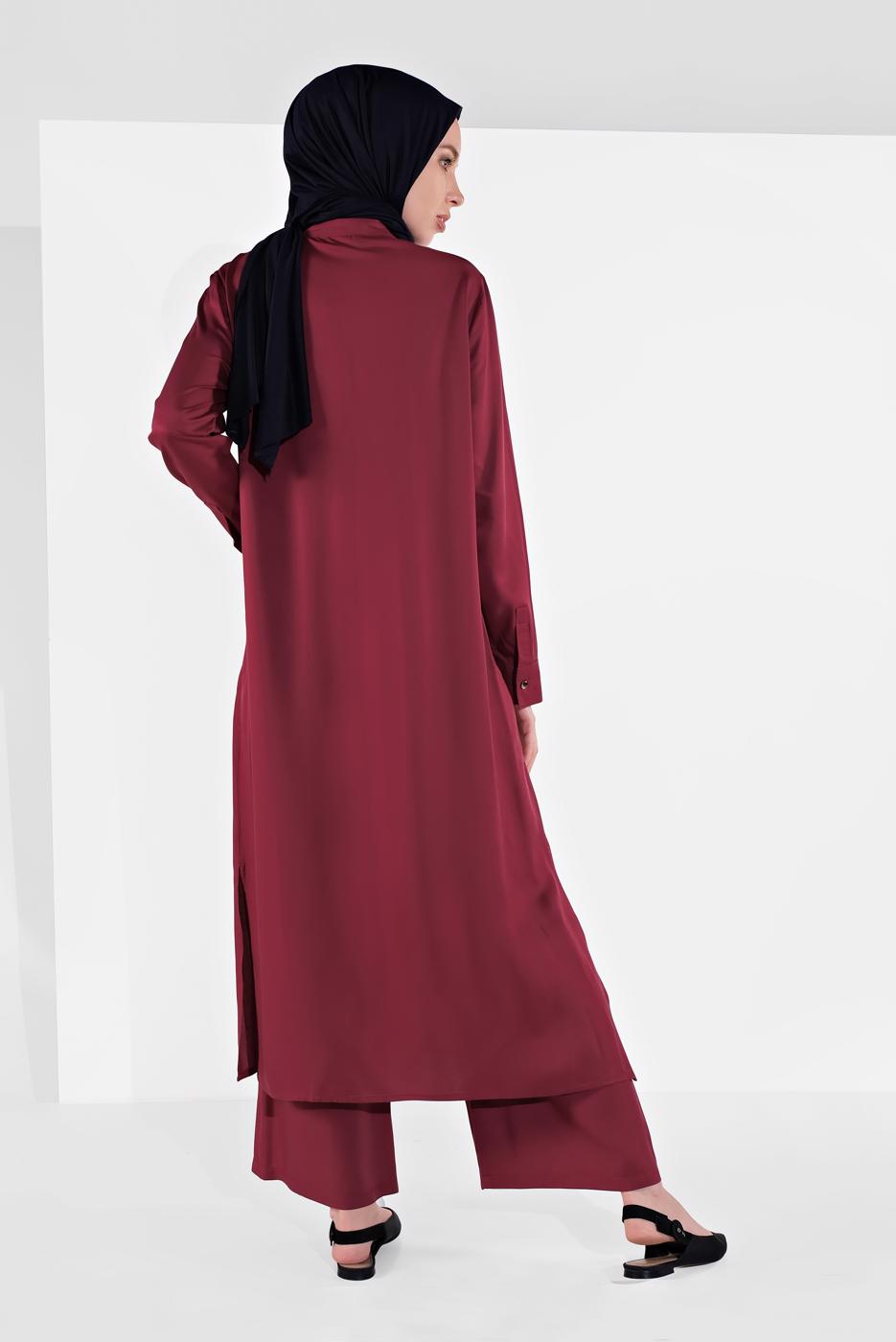 Tesettür giyim BORDO BOYDAN DÜĞMELİ PANTOLONLU TAKIM  78108 