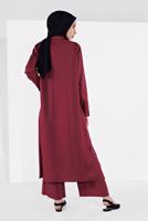 Tesettür giyim BORDO BOYDAN DÜĞMELİ PANTOLONLU TAKIM  78108 