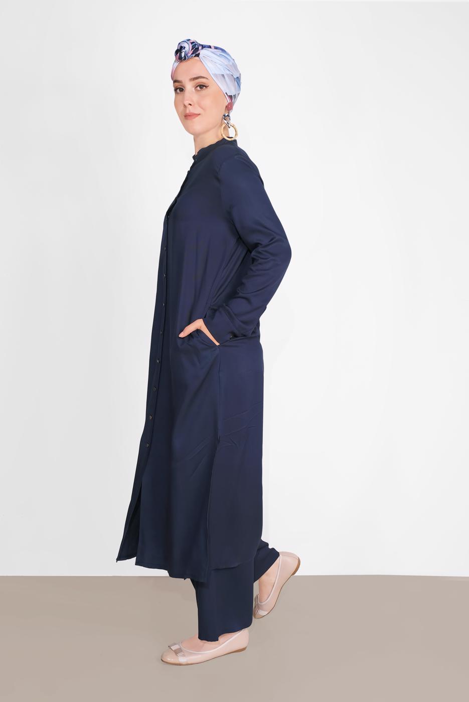 Tesettür giyim LACİVERT BOYDAN DÜĞMELİ PANTOLONLU TAKIM  78108 