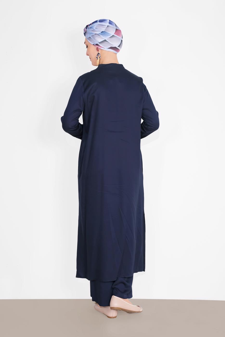 Tesettür giyim LACİVERT BOYDAN DÜĞMELİ PANTOLONLU TAKIM  78108 