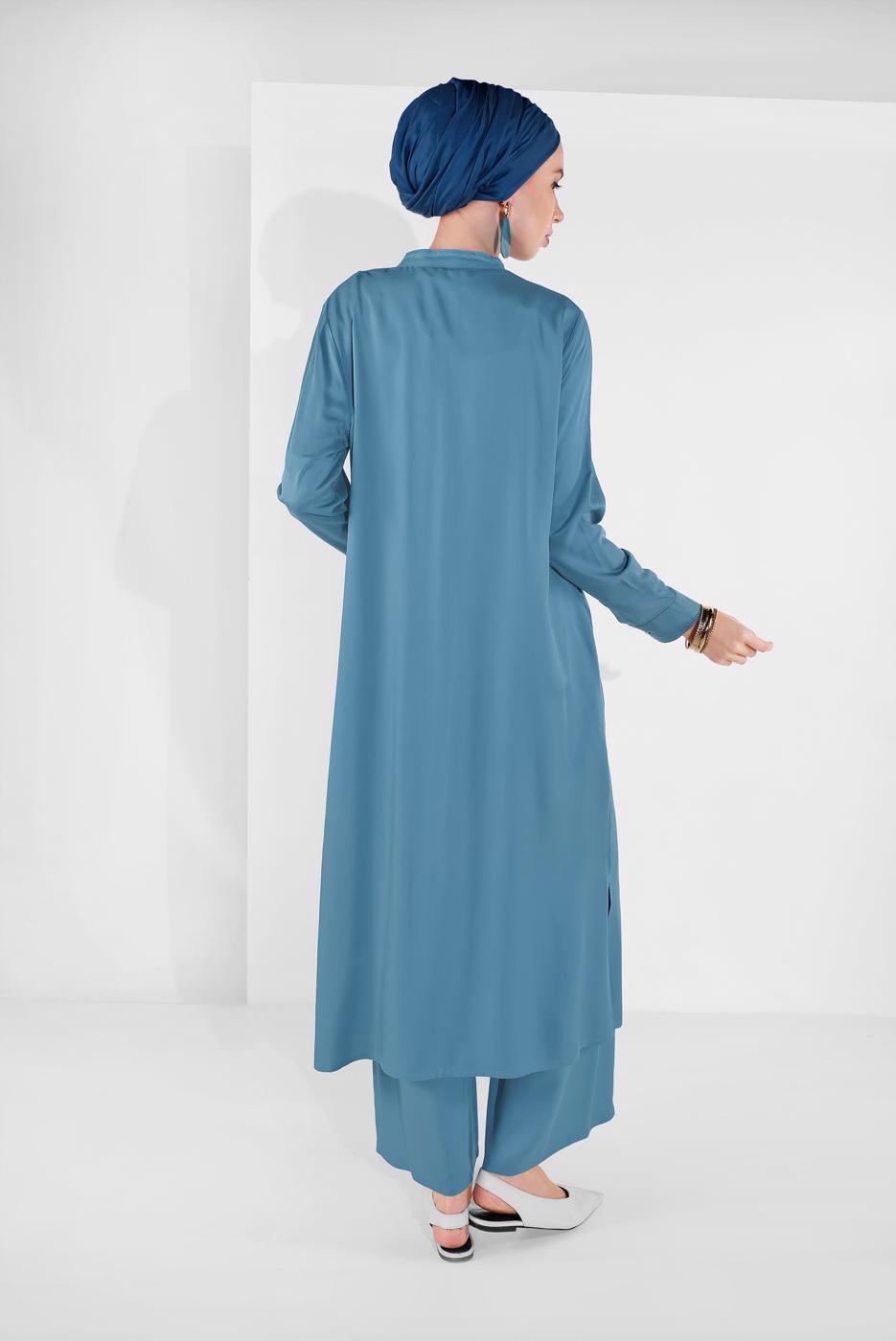 Tesettür giyim MAVİ BOYDAN DÜĞMELİ PANTOLONLU TAKIM  78108 