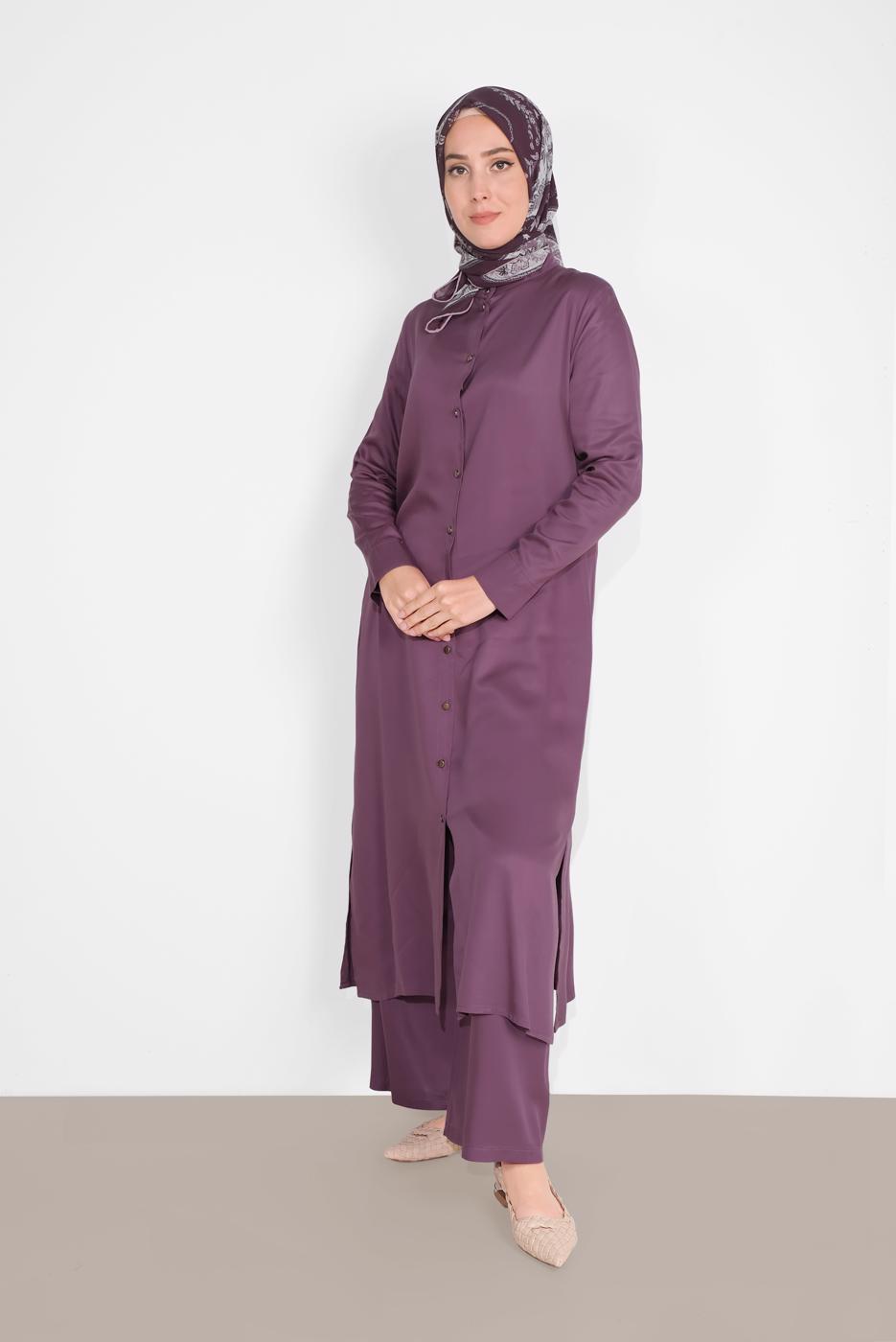 Tesettür giyim MÜRDÜM BOYDAN DÜĞMELİ PANTOLONLU TAKIM  78108 
