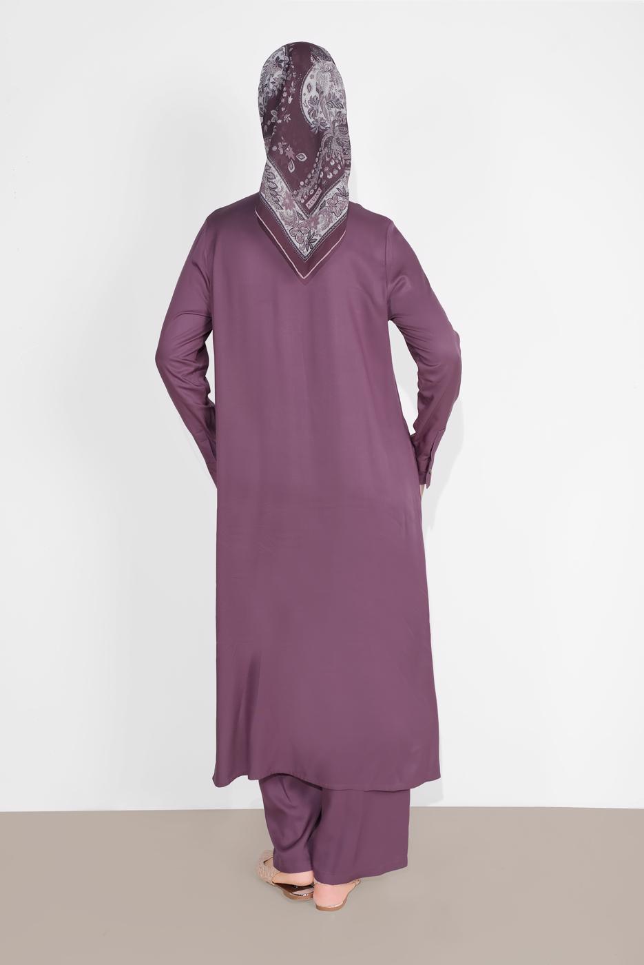 Tesettür giyim MÜRDÜM BOYDAN DÜĞMELİ PANTOLONLU TAKIM  78108 