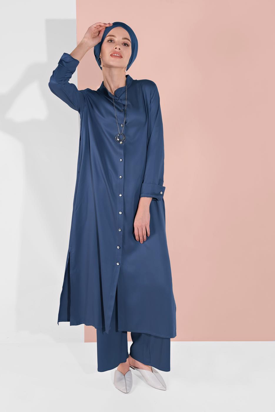 Tesettür giyim LACİVERT BOYDAN DÜĞMELİ PANTOLONLU TAKIM  78108 