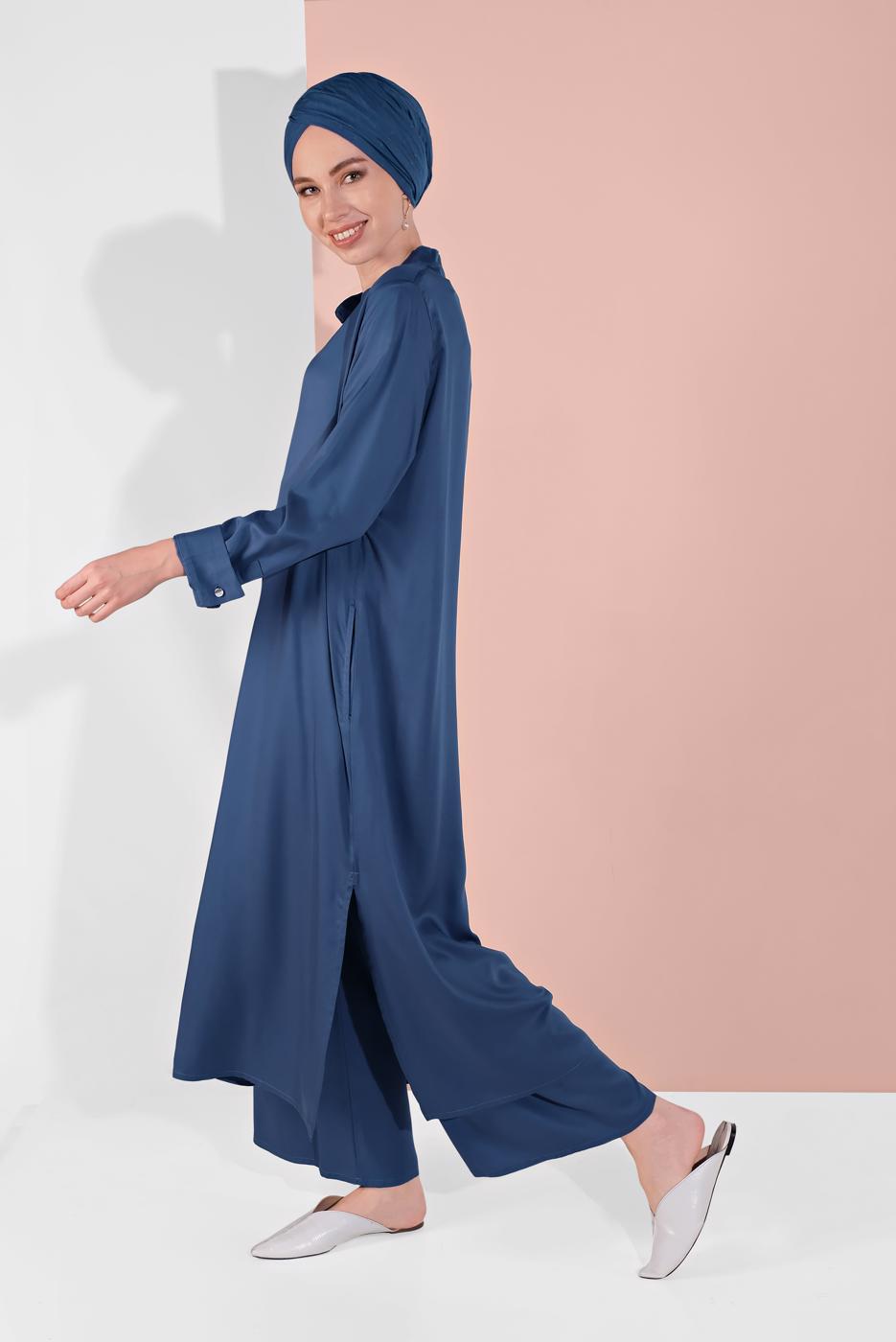Tesettür giyim LACİVERT BOYDAN DÜĞMELİ PANTOLONLU TAKIM  78108 