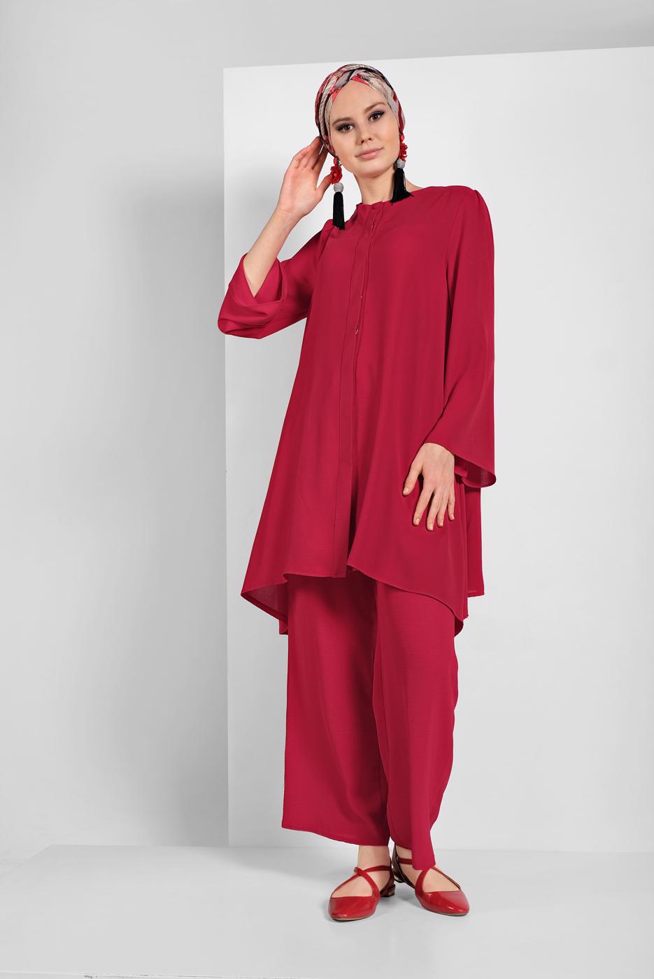 Hijab clothing RED FLOWING BELTED SUIT 0002 