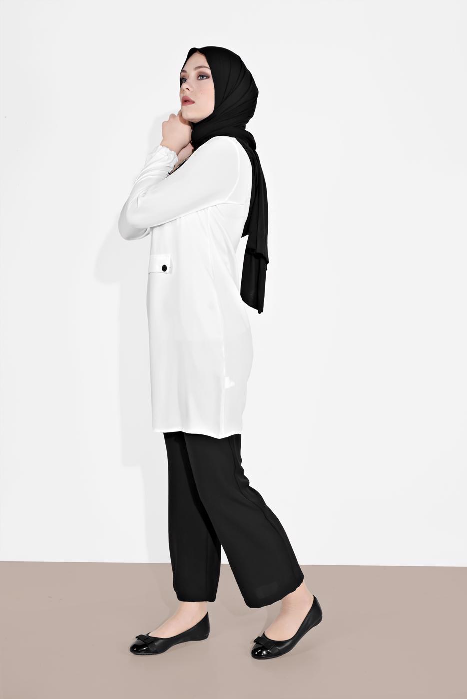 Tesettür giyim KREM KAPÜŞONLU FERMUAR DETAYLI İKİLİ PANTOLONLU TAKIM 0020