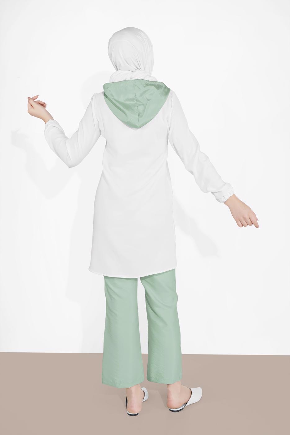 Tesettür giyim KREM KAPÜŞONLU FERMUAR DETAYLI İKİLİ PANTOLONLU TAKIM 0020