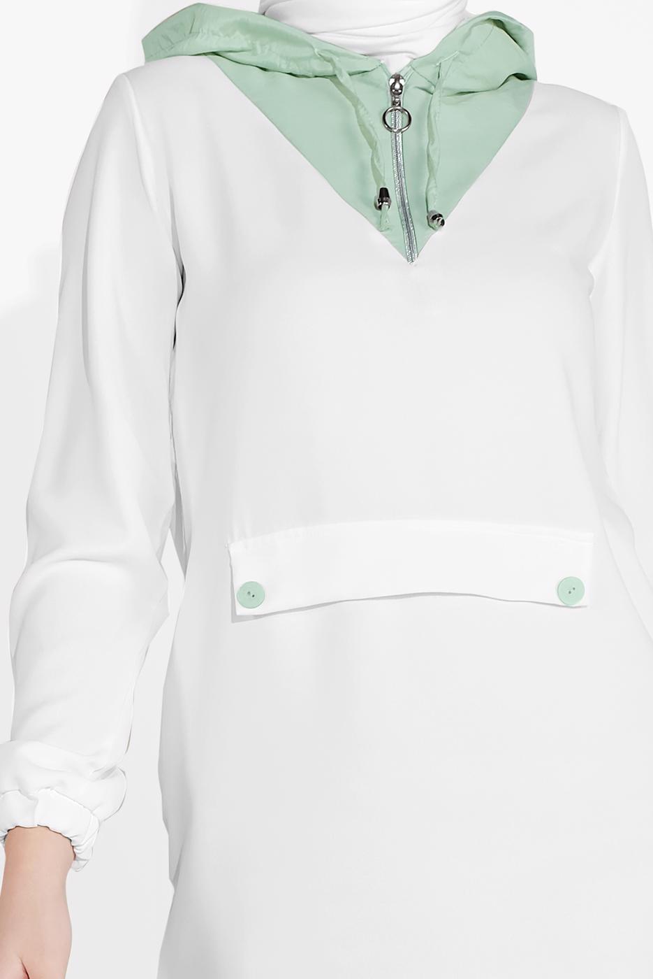 Tesettür giyim KREM KAPÜŞONLU FERMUAR DETAYLI İKİLİ PANTOLONLU TAKIM 0020