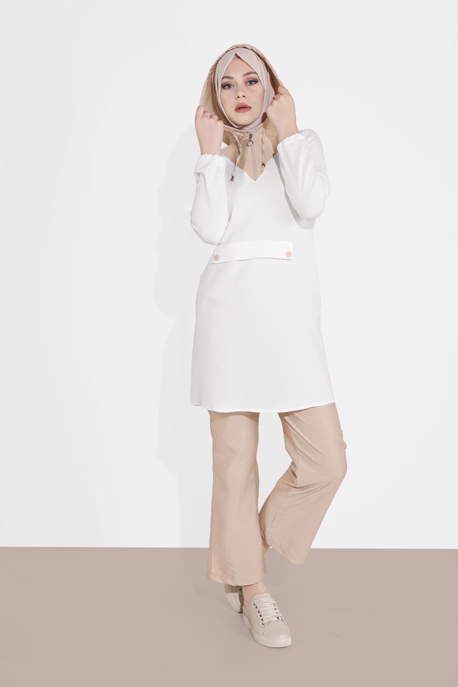 Tesettür giyim KREM KAPÜŞONLU FERMUAR DETAYLI İKİLİ PANTOLONLU TAKIM 0020